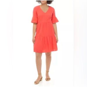 Perception Women's Short Sleeve Tiered Gauze Dress Coral V-neck 100% Cotton SzXL